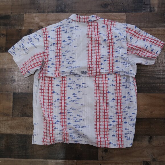 Columbia Sportswear Mens Large Gray Red Blue Fishing Shirt Back Flap - Picture 4 of 5